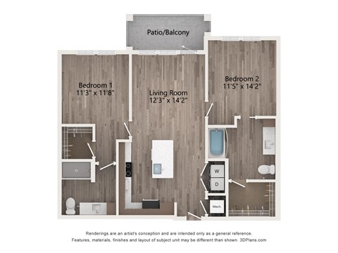 Floor plan for 2 beds, 2 baths, 1061 sqft